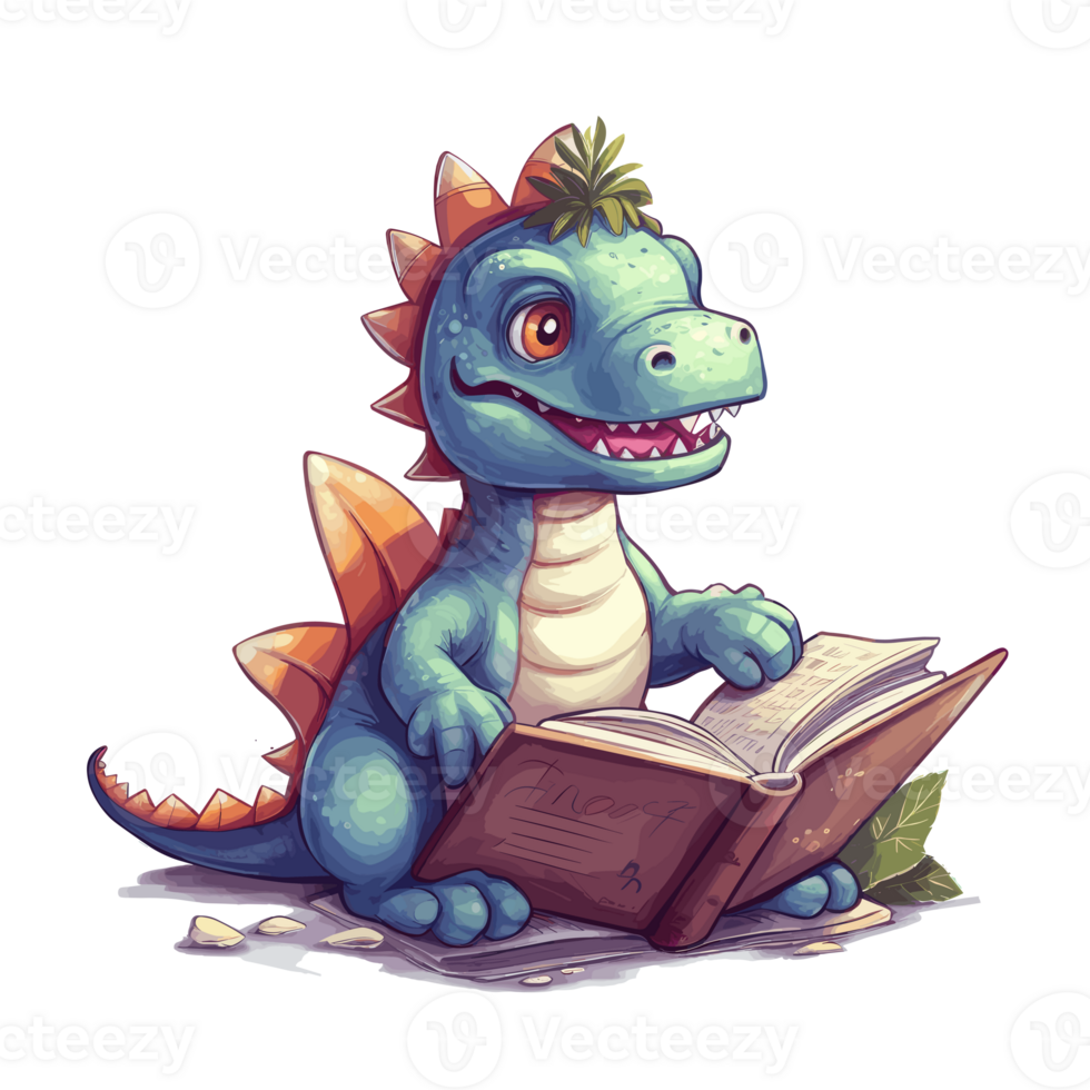 cute baby dinosaur read book . png