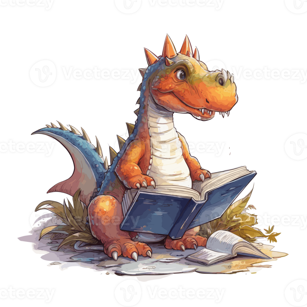 cute baby dinosaur read book . png