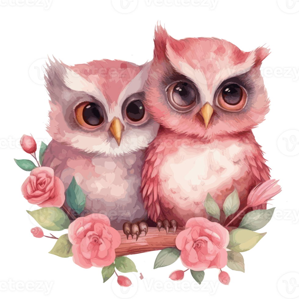 muted color watercolor cute owl couple for Valentine's Day . png