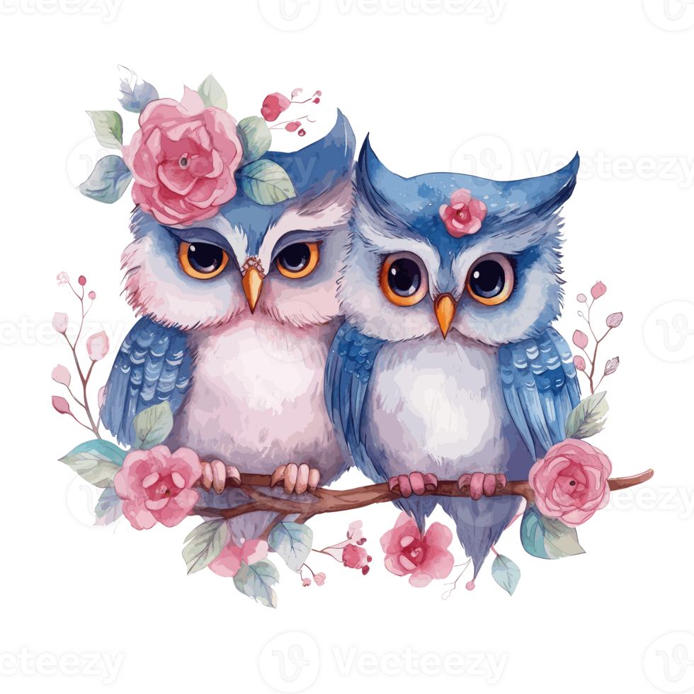 blue and pink watercolor cute owl couple for Valentine's Day . png