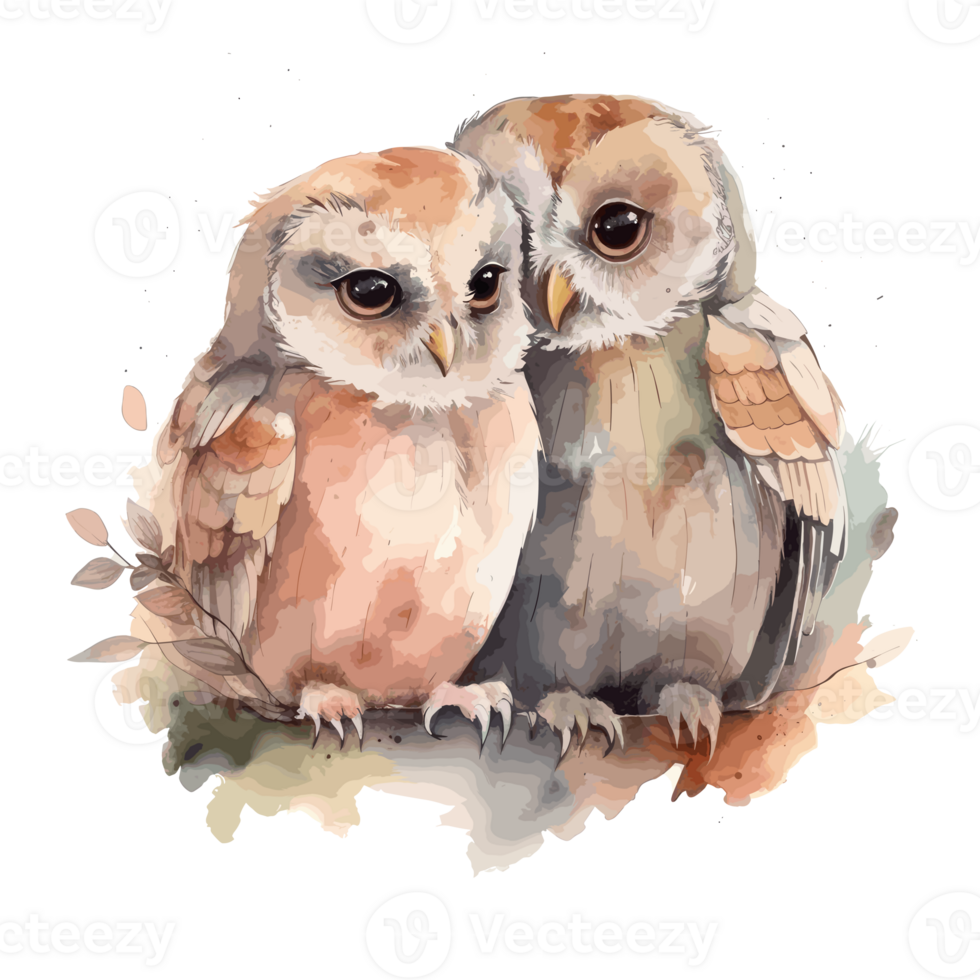 muted color watercolor cute owl couple for Valentine's Day . png