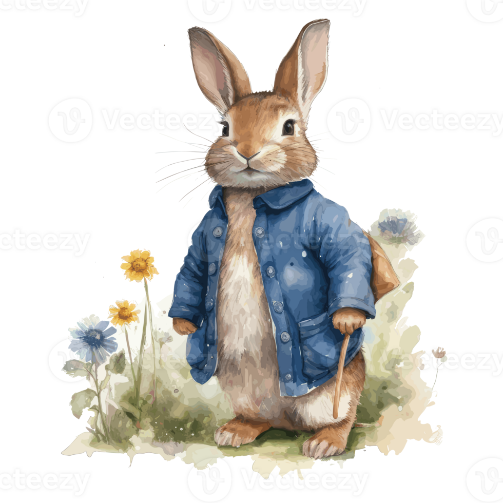 Watercolor cute rabbit in a blue jacket for card design and print . png