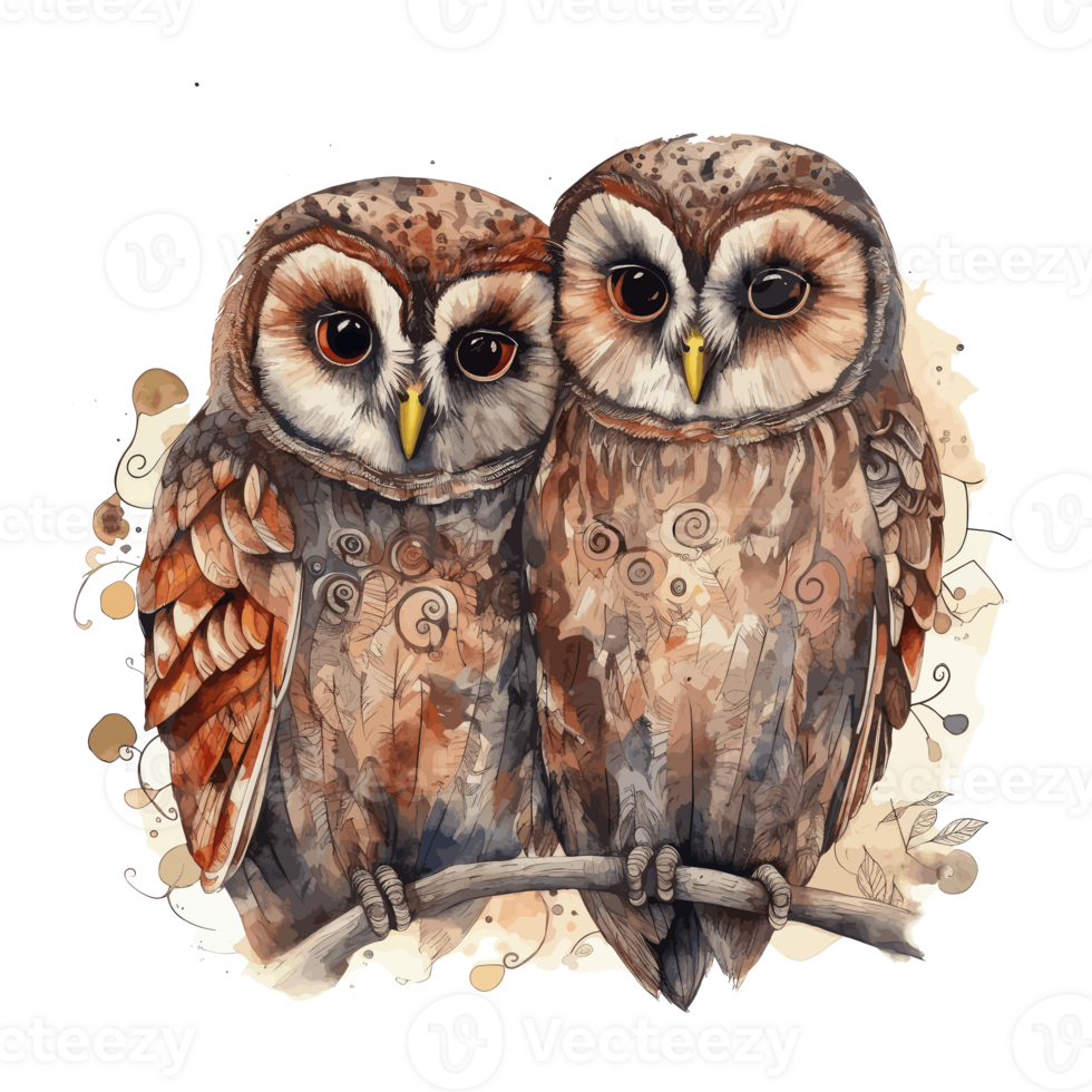 muted color watercolor cute owl couple for Valentine's Day . png