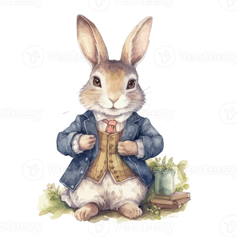 Watercolor cute rabbit in a blue jacket for card design and print . png