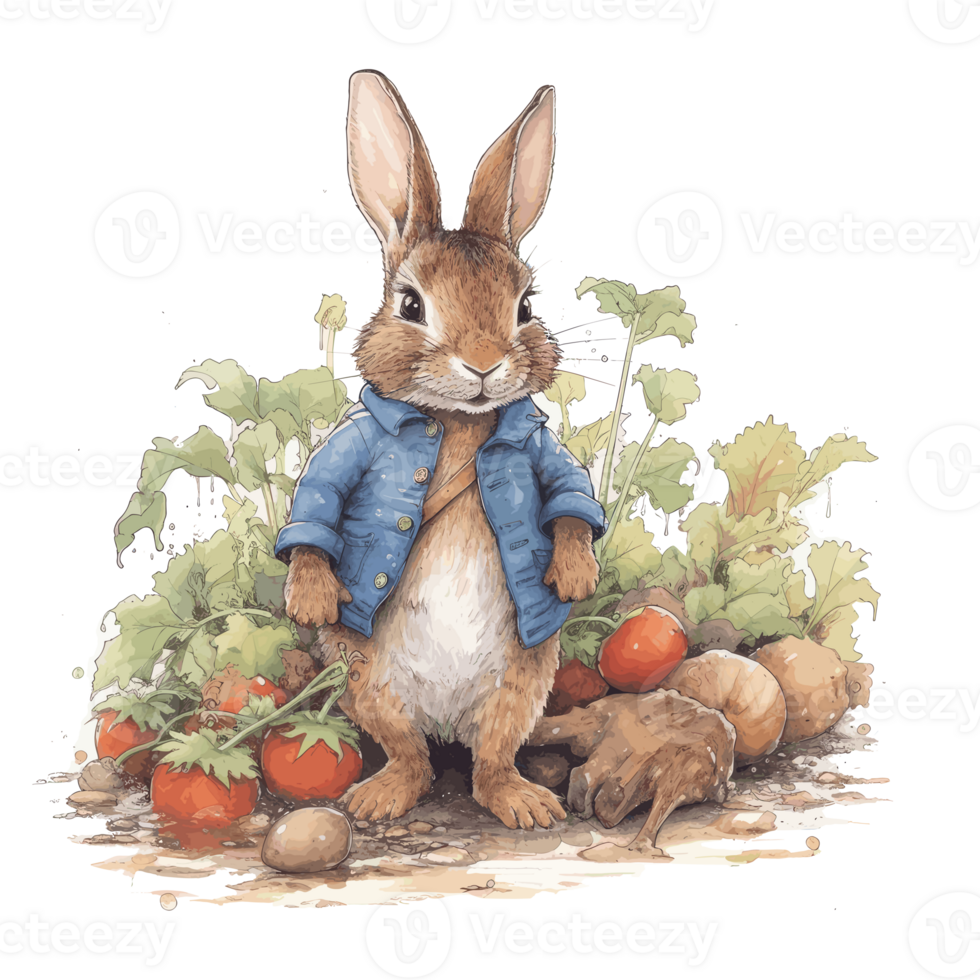 Watercolor cute rabbit in a blue jacket for card design and print . png