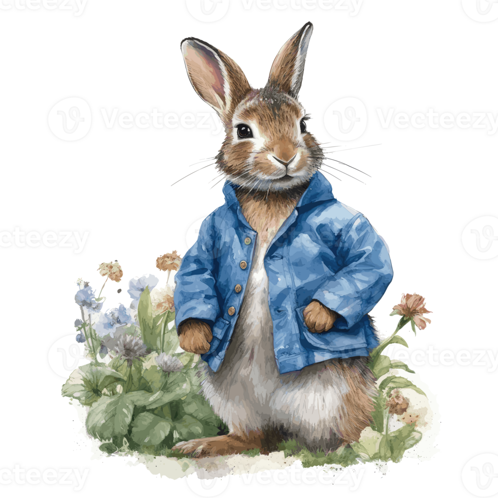 Watercolor cute rabbit in a blue jacket for card design and print . png