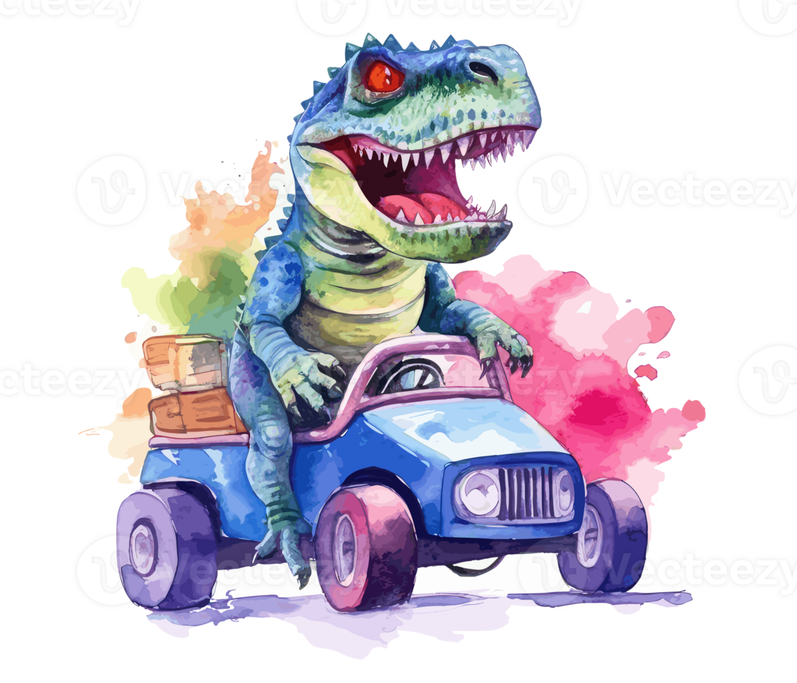 t-rex rijden Aan vrachtauto , tekenfilm dinosaurus tekens het rijden . ai gegenereerd png