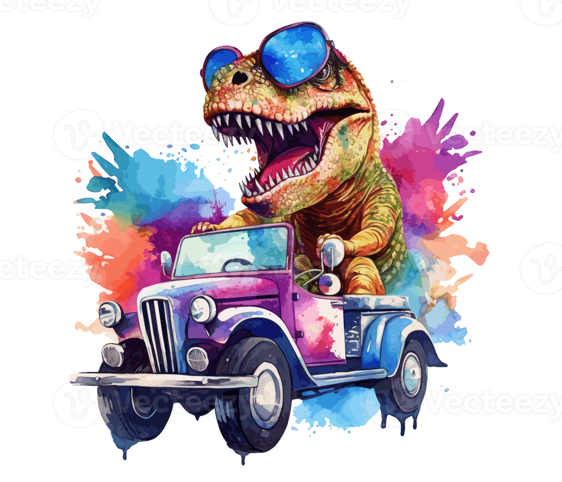 t-rex equitazione su camion , cartone animato dinosauro personaggi guida . ai generato png