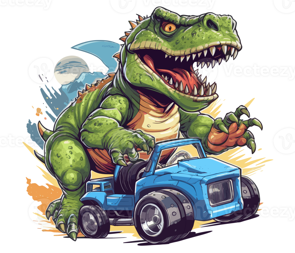 t-rex equitação em caminhão , desenho animado dinossauro personagens dirigindo . ai gerado png