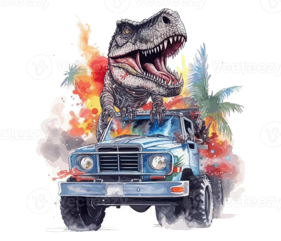 t-rex rijden Aan vrachtauto , tekenfilm dinosaurus tekens het rijden . ai gegenereerd png