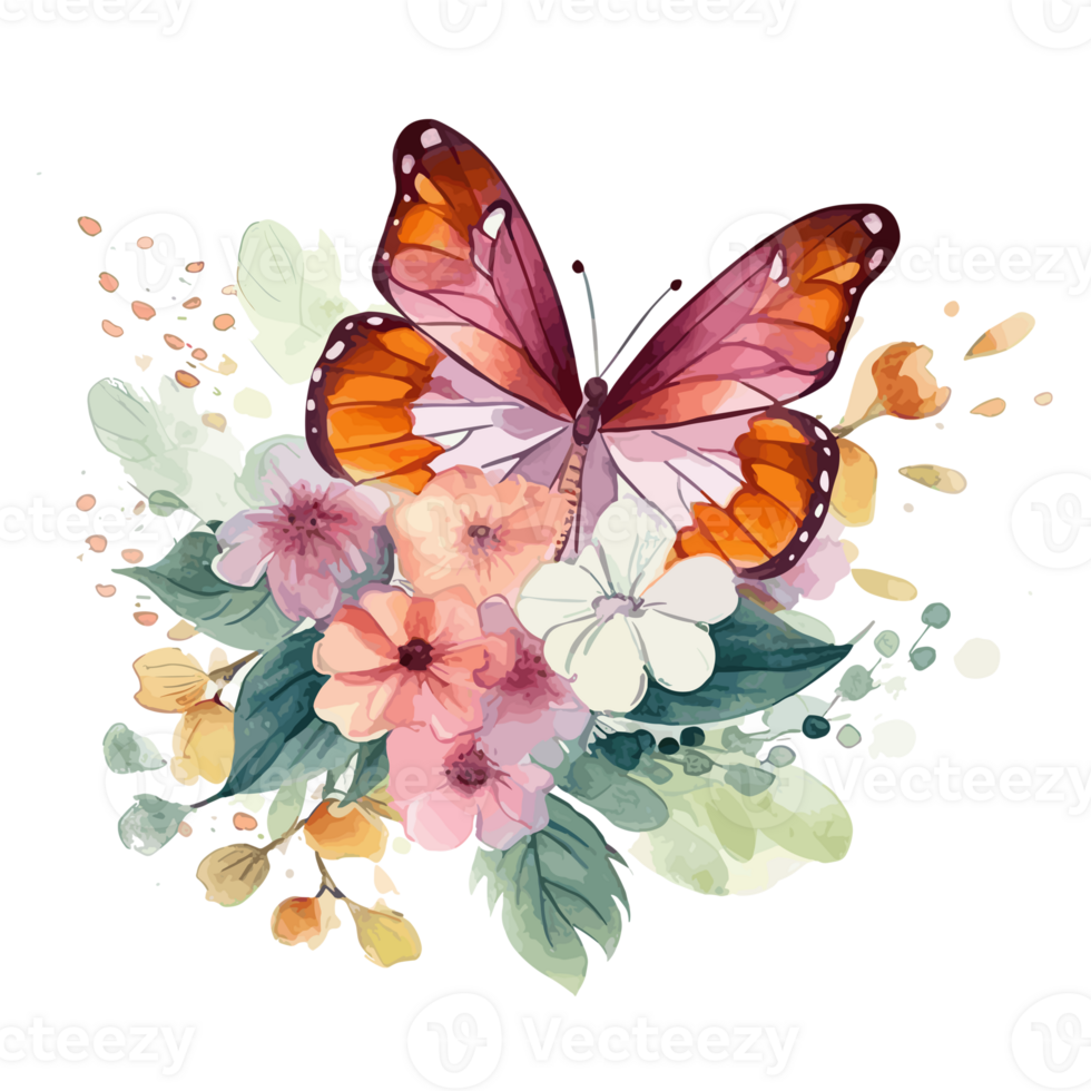 Watercolor butterfly and bouquets spring flowers . png