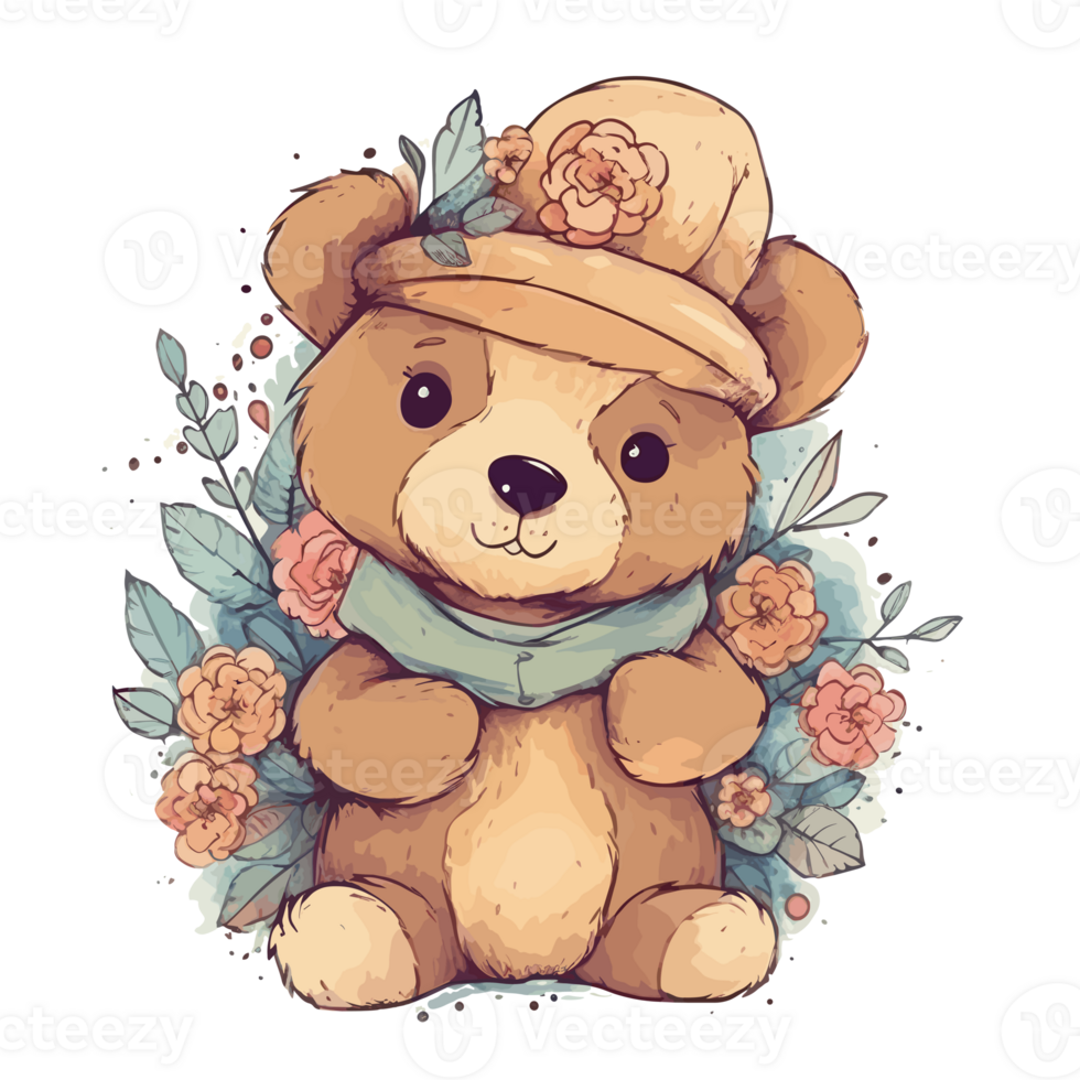 cute teddy bear hugs a bouquet of flowers . png