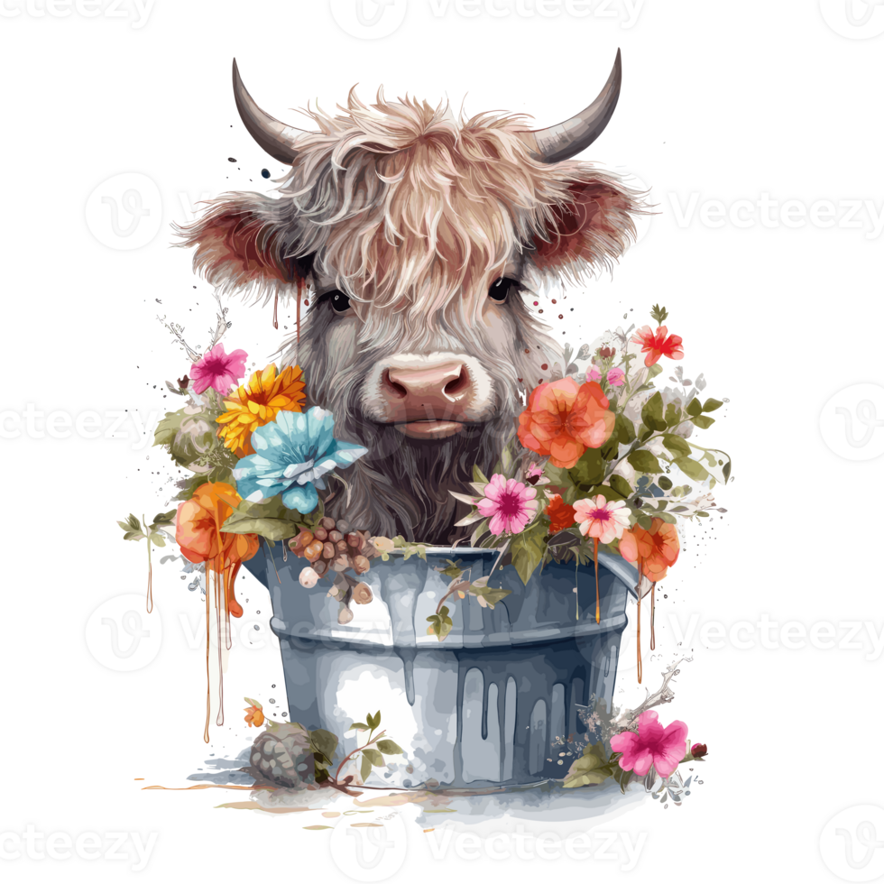 cute happy color baby highland cow with flowers on the head sitting in the green wooden bucket . png