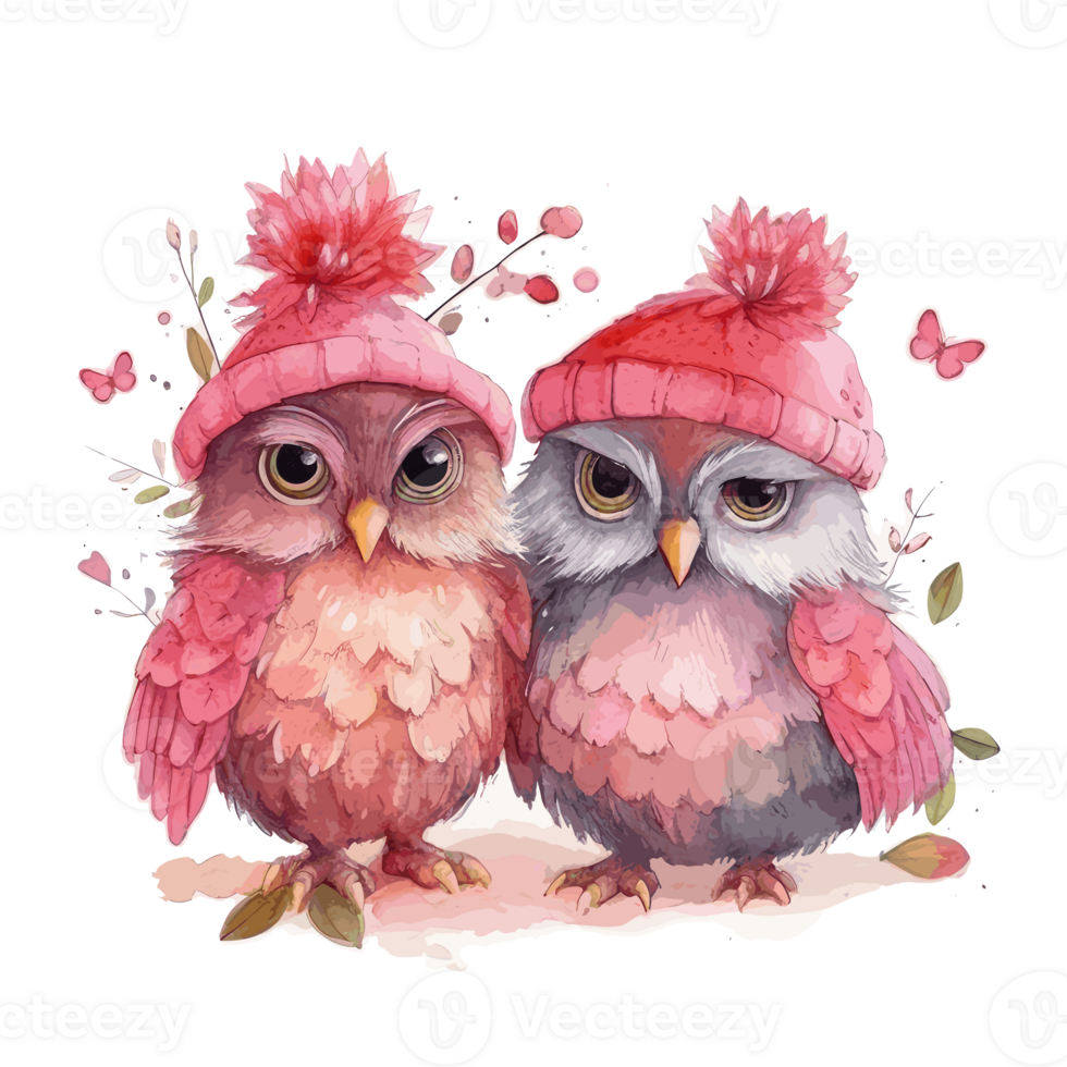 muted color watercolor cute owl couple for Valentine's Day . png