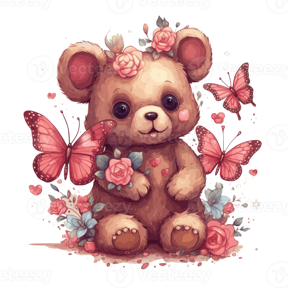 schattig teddy beer knuffels een boeket van bloemen . ai gegenereerd png