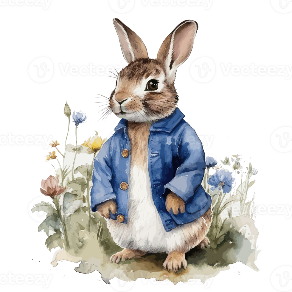 Watercolor cute rabbit in a blue jacket for card design and print . png