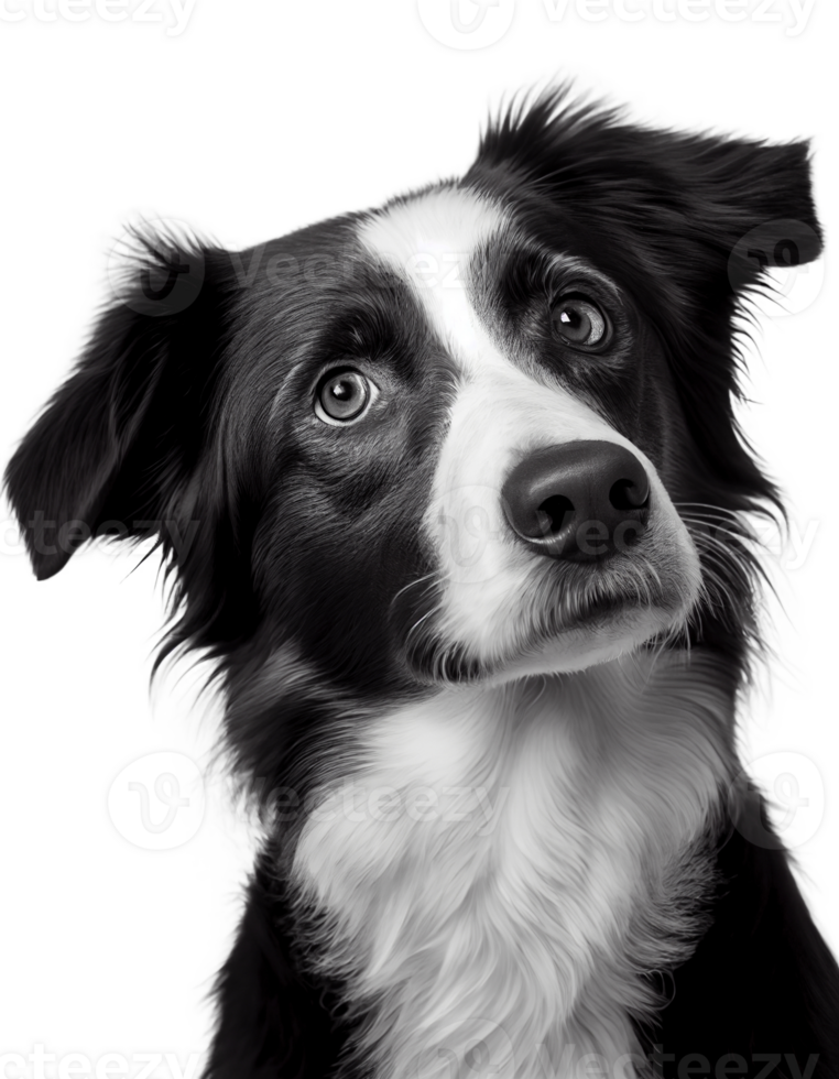Studio headshot portrait of black and white dog on transparent background, created with png