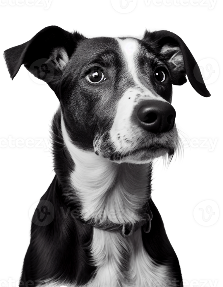 Studio headshot portrait of black and white dog on transparent background, created with png