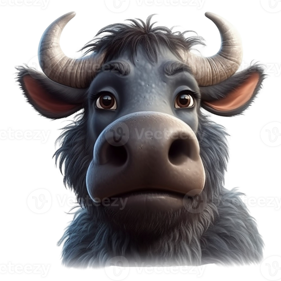 Cartoon style water buffalo on transparent background, created with png