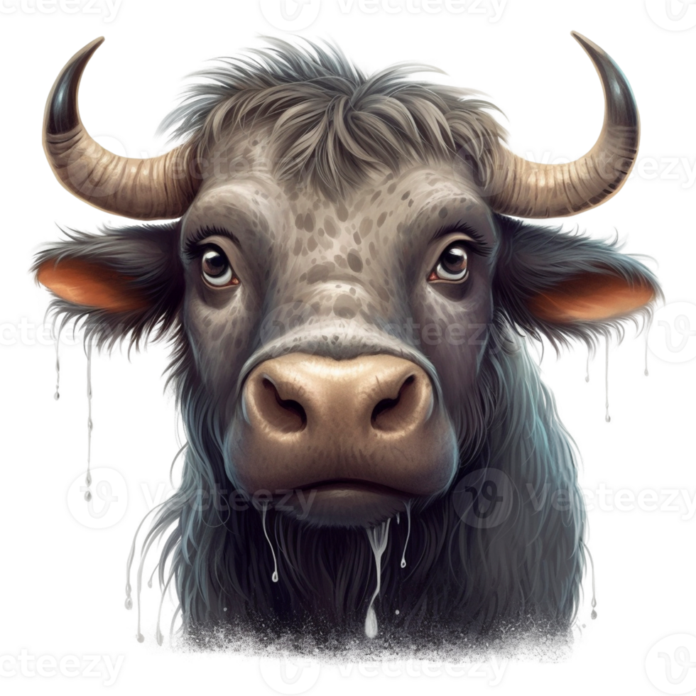 Cartoon style water buffalo on transparent background, created with png