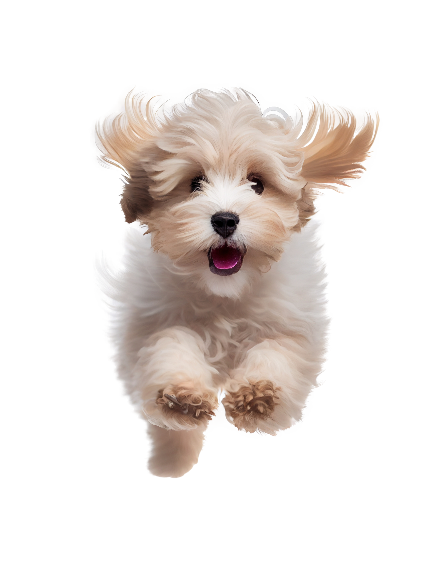Playful puppy maltipoo dog running toward camera isolated on