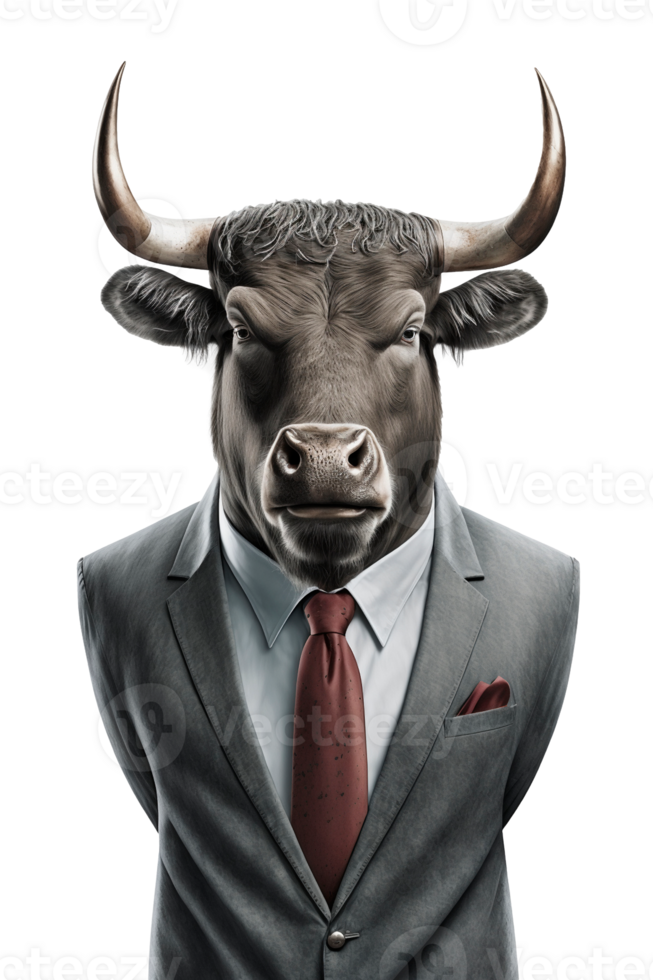 Bull dressed in a formal business suit on transparent background, created with png