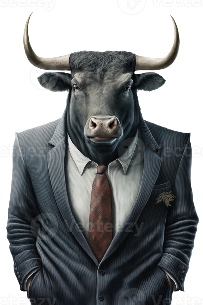 Bull dressed in a formal business suit on transparent background, created with png