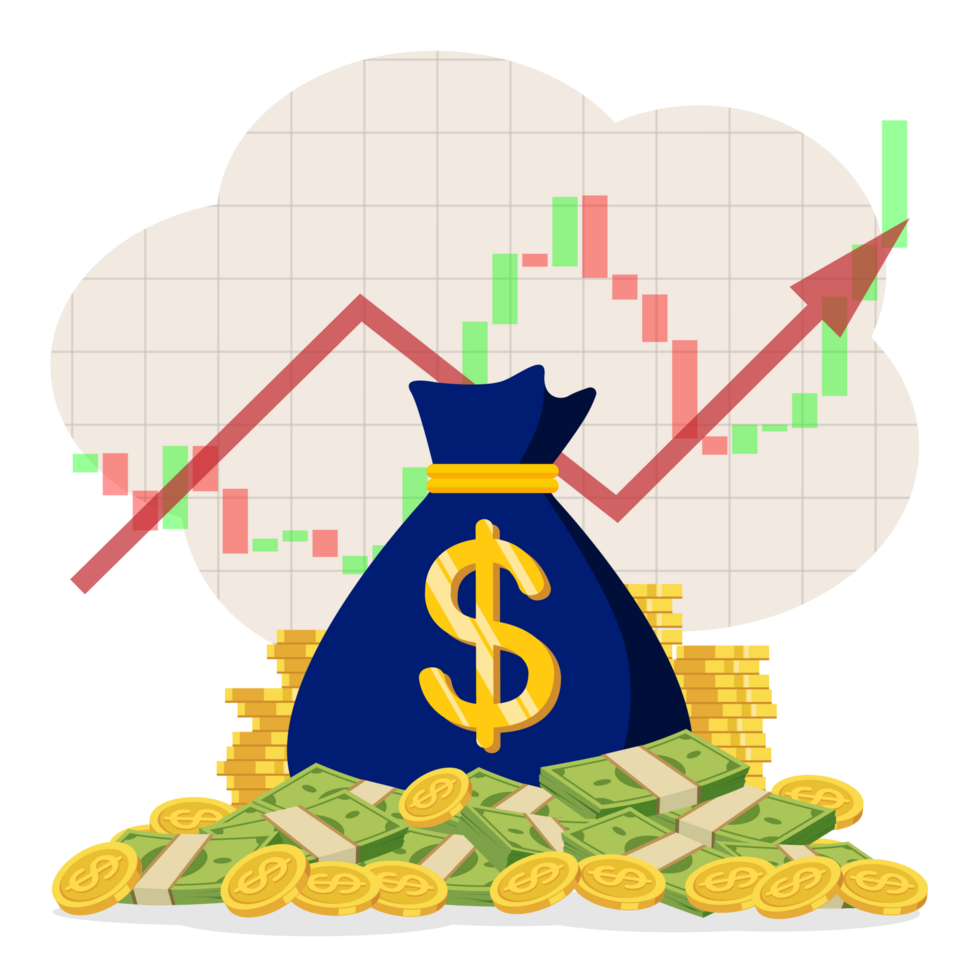 verde dollari e un' pila di oro monete, un' Borsa di i soldi nel il sfondo un' rosso freccia su. aumentare nel reciproco fondi reddito, statistico rapporto, attività commerciale produttività aumento. png