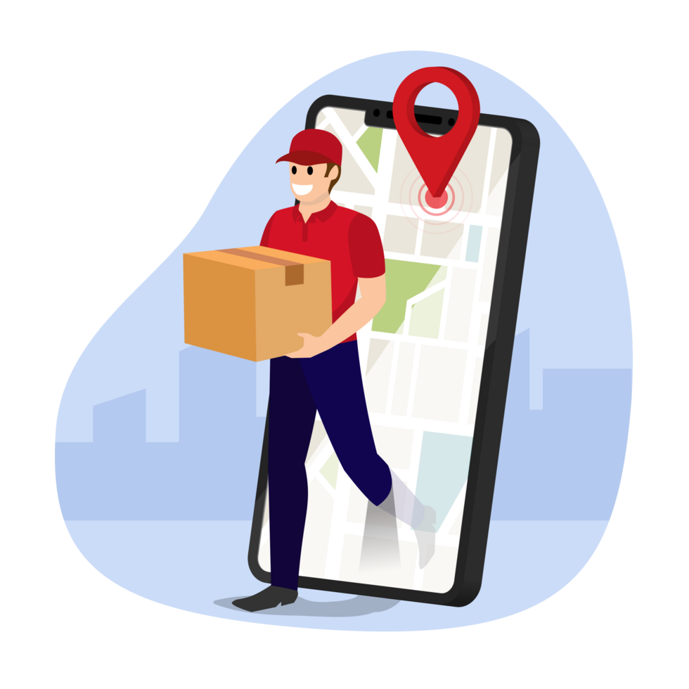 courier delivery man holding parcel box with mobile phone fast online delivery service online ordering internet e-commerce ideas for websites or banners 3D perspective illustration png