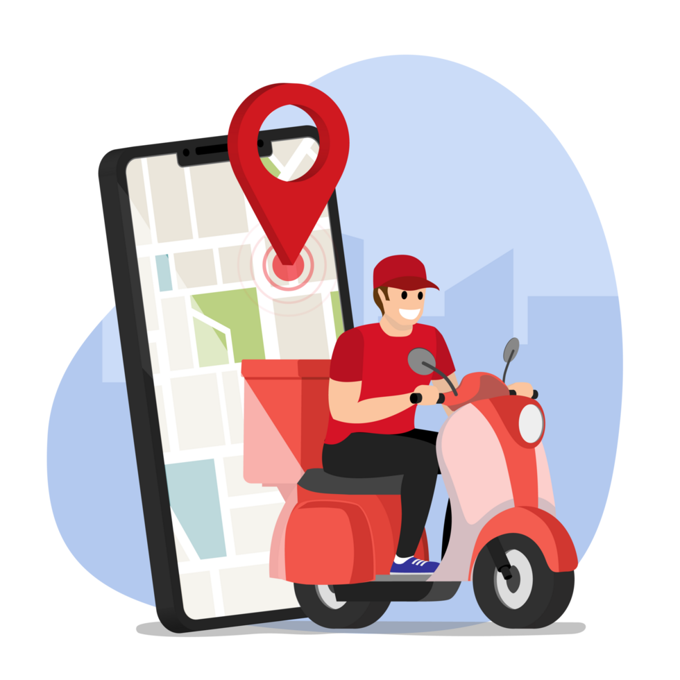 scooter con personaggio dei cartoni animati piatto consegna uomo. corriere veloce. servizio di ristorazione, servizio di consegna della posta, un impiegato delle poste la determinazione della geolocalizzazione tramite dispositivo elettronico png