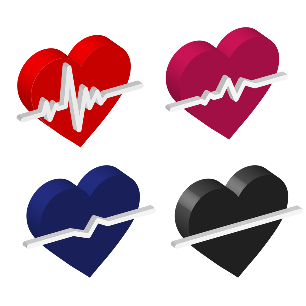 Isometric heart shape and 3d Illustration heartbeat line and ECG - EKG signal set png