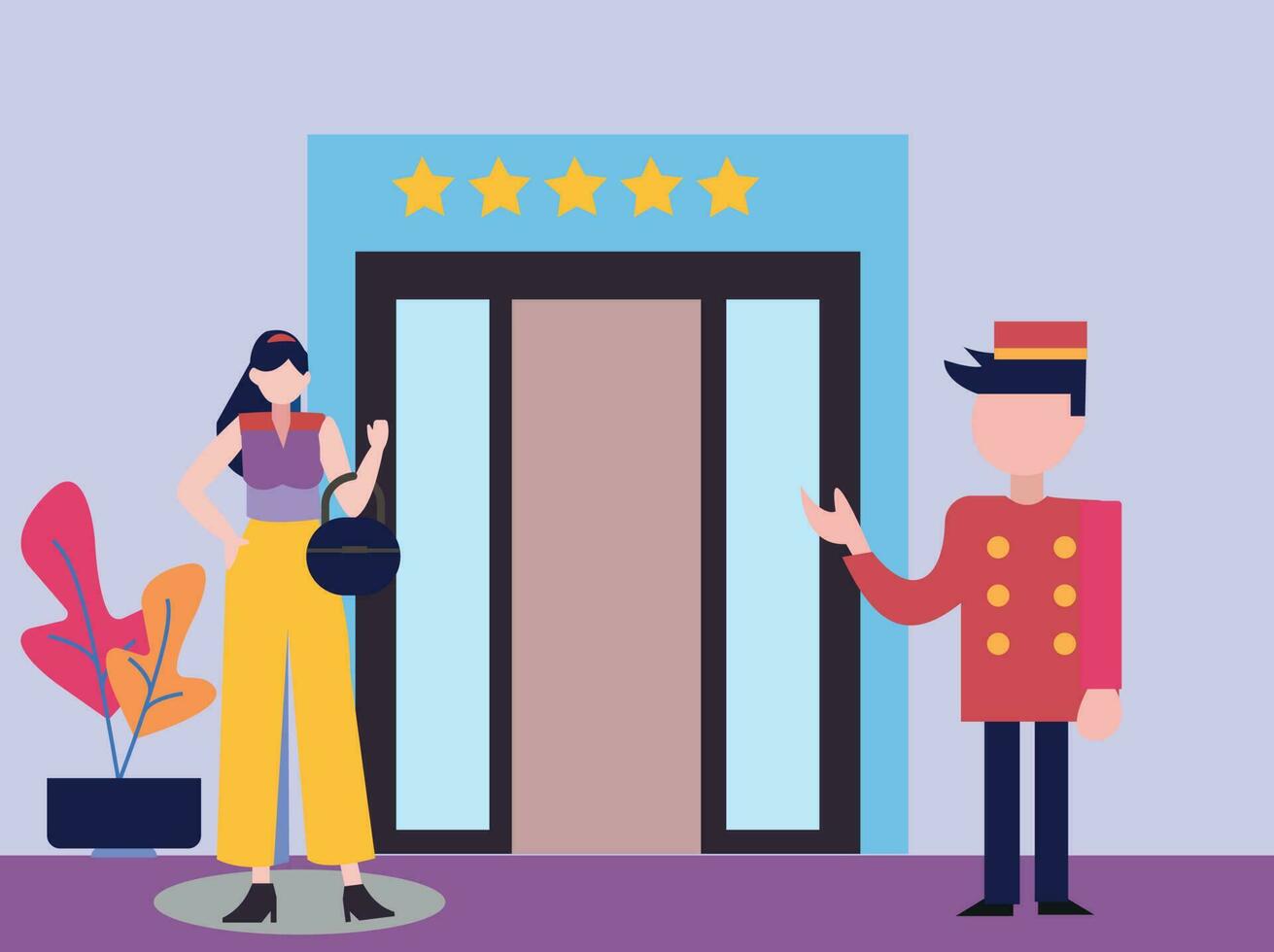 The girl is standing outside a hotel. vector