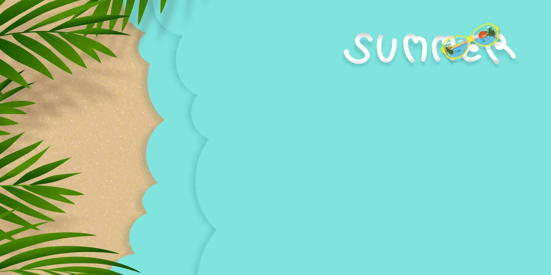 Summer Background Flat lay of green coconut palm leaves over Sand,Ocean Blue Waves background,Top view Tropical Sea Bach Paper cut with copy space.Banner Summer Holiday Vocation background concept vector