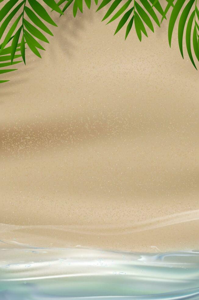 Summer background,Sea beach with Blue ocean wave, Coconut Palm leaves.Vertical Sandy Beach Texture with Tropical leaf shadow, Summer Vacation on Seaside.Vector Top view Coastal Seashore Landscape vector