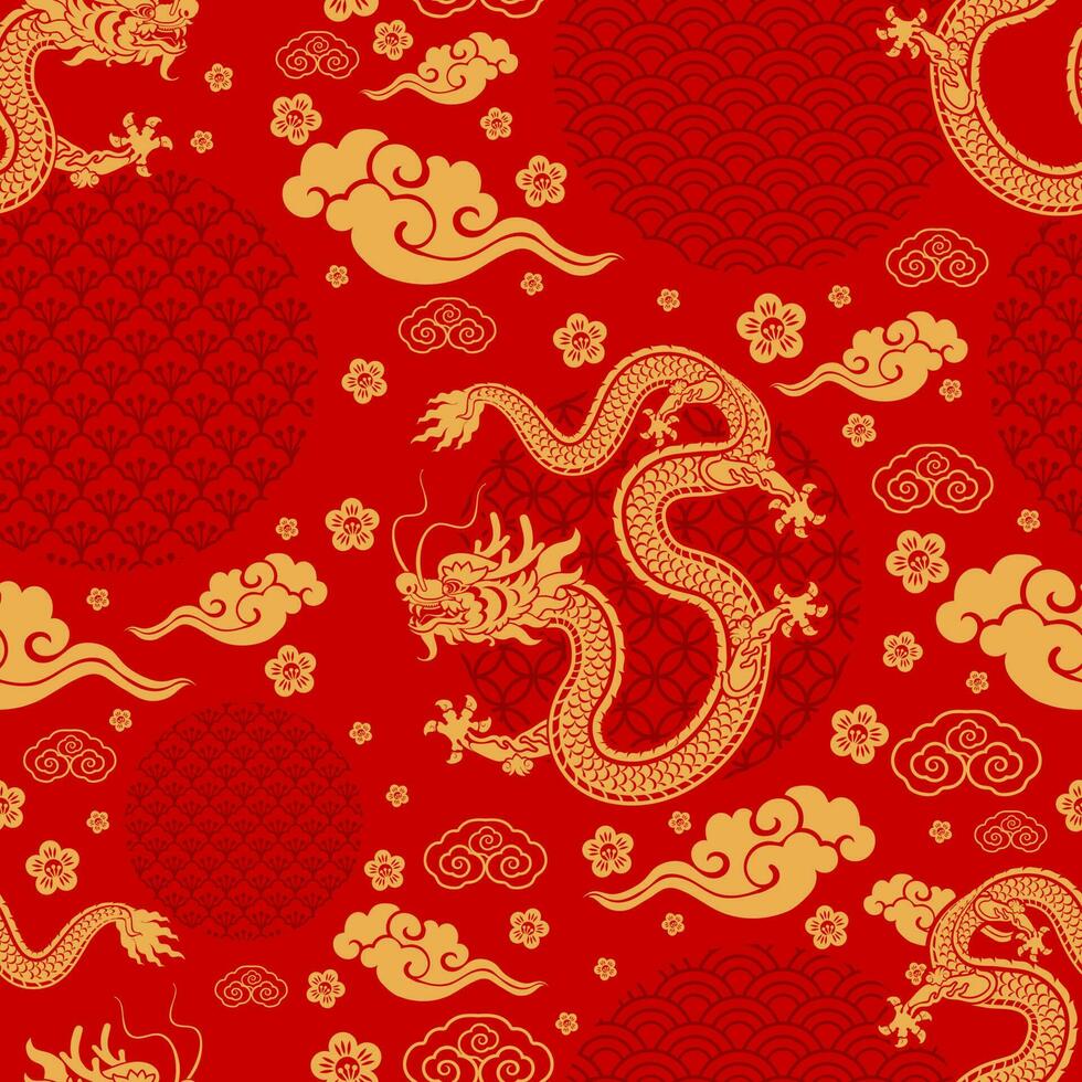 Seamless pattern happy chinese new year 2024 the dragon zodiac sign vector