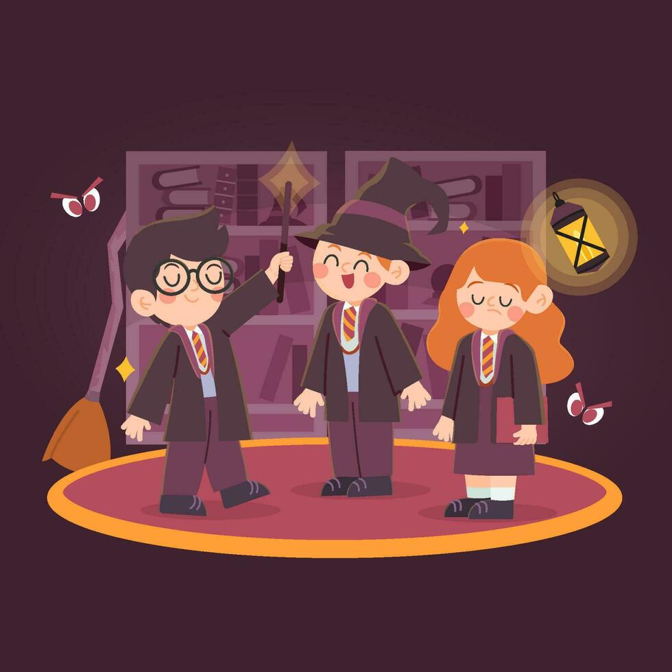 Magic Students in The School Library vector