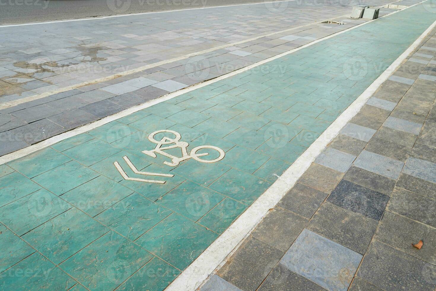 bicycle lane, traffic, city transportation and eco-friendly concept, green bicycle lane with bicycle signs photo