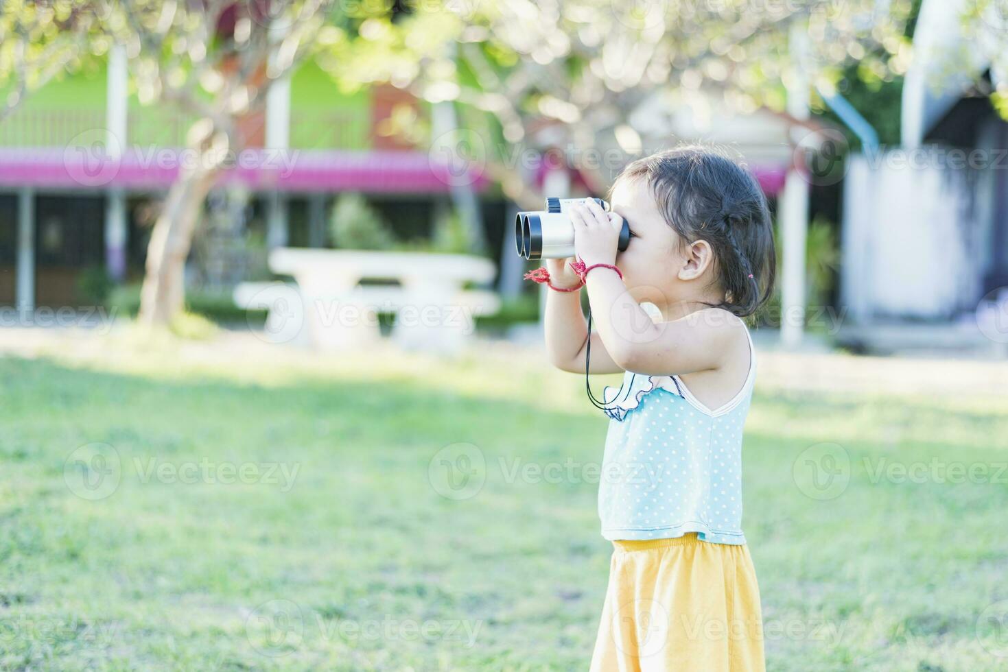 Beautiful young woman looks through binoculars at the national park on a sunny day. photo