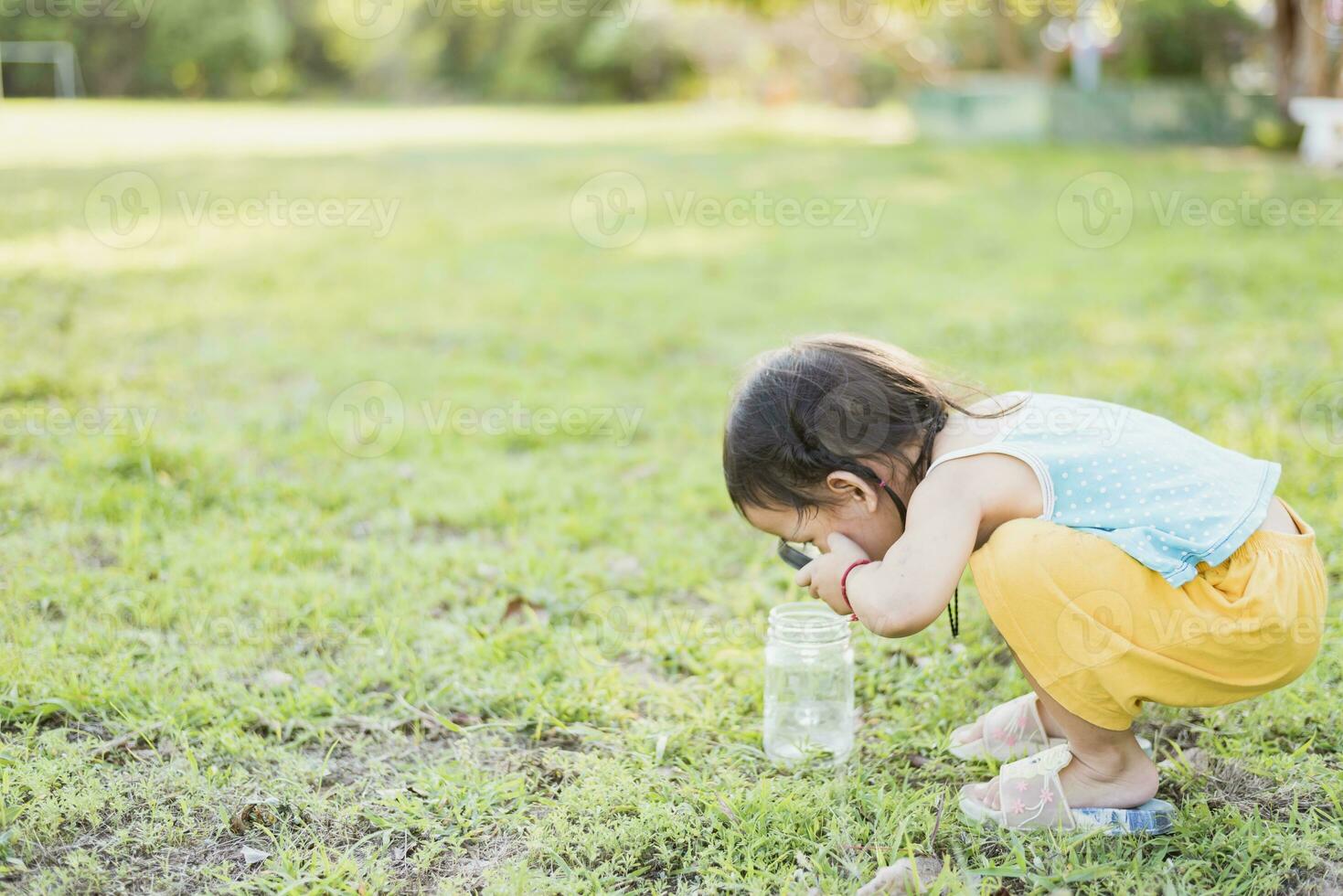 Cute girl using magnifying glass to look at bugs in glass jars Learn to use science-related observations. photo