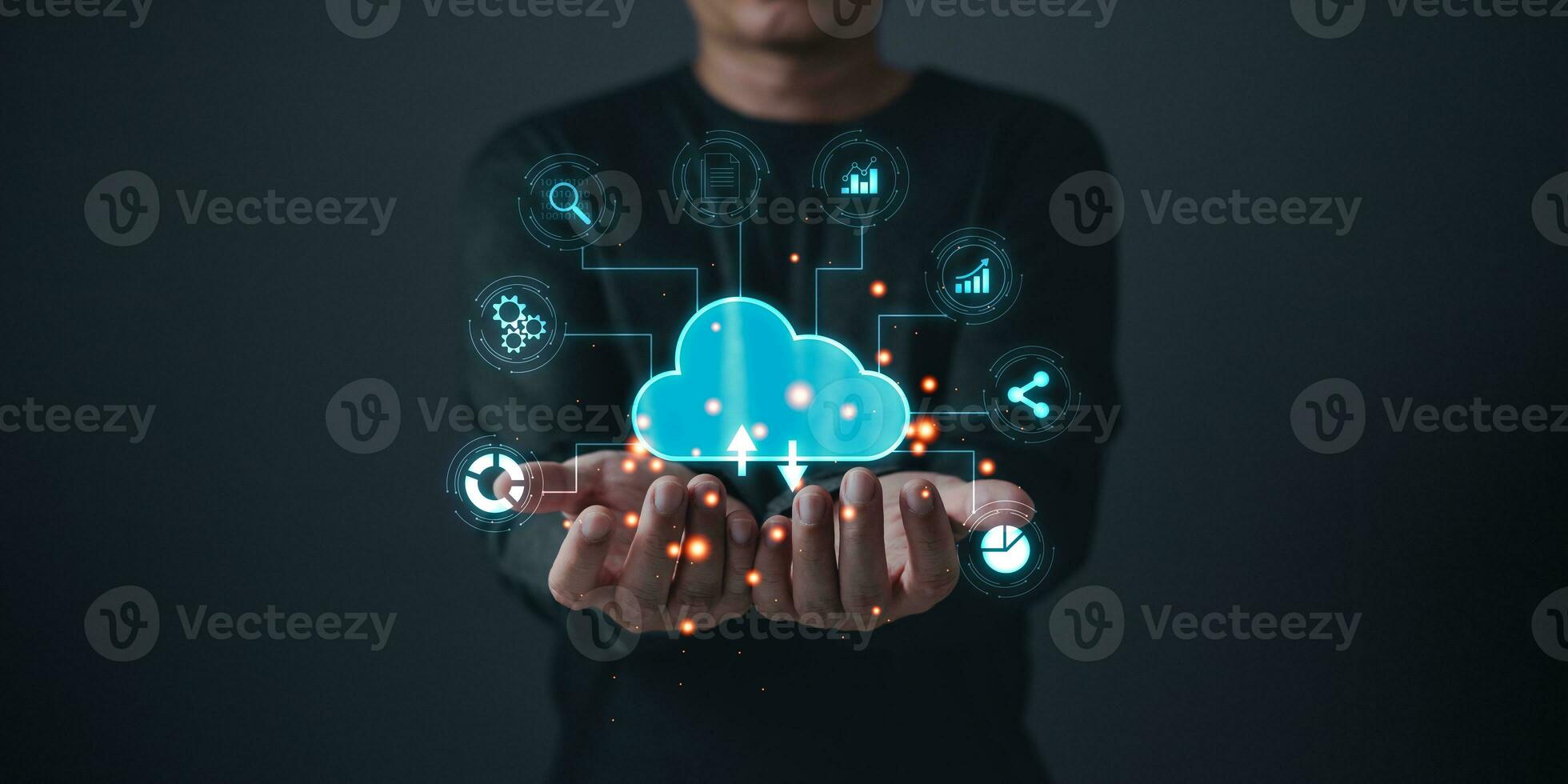 man hold cloud computing  system diagram show on hand.Data storage.Digital technology network service business in wireless storage concept. Implementing storage technology support in business. photo