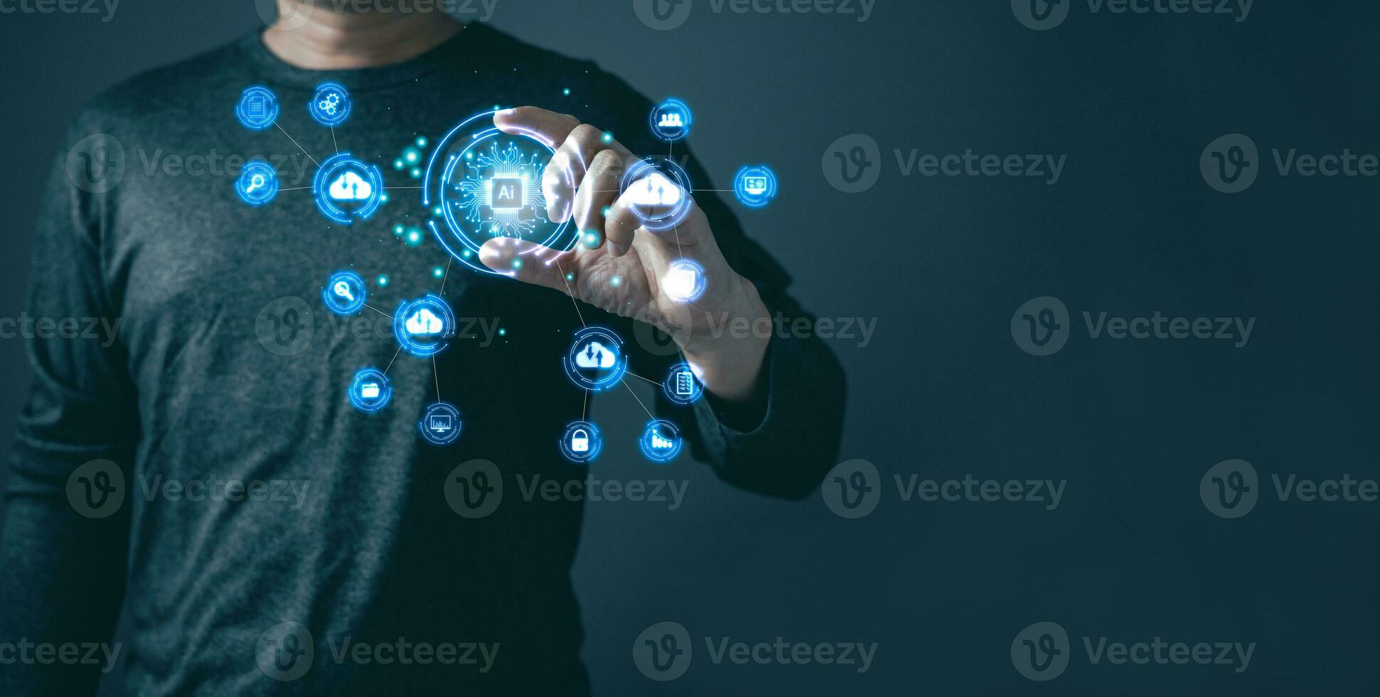 person is holding an Ai chip.new technology bigdata and business process strategy,customer service management.Digital transformation change management,internet of things.cloud computing.Ai technology. photo