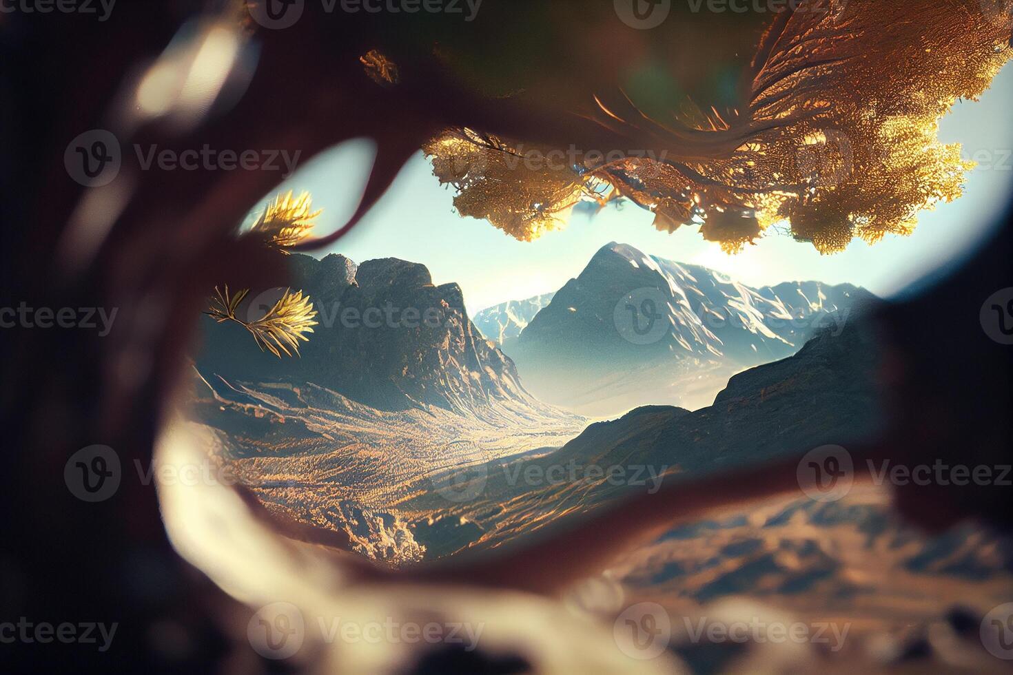 Close up a tree with the mountain Landscapes background. . Digital Art Illustration photo