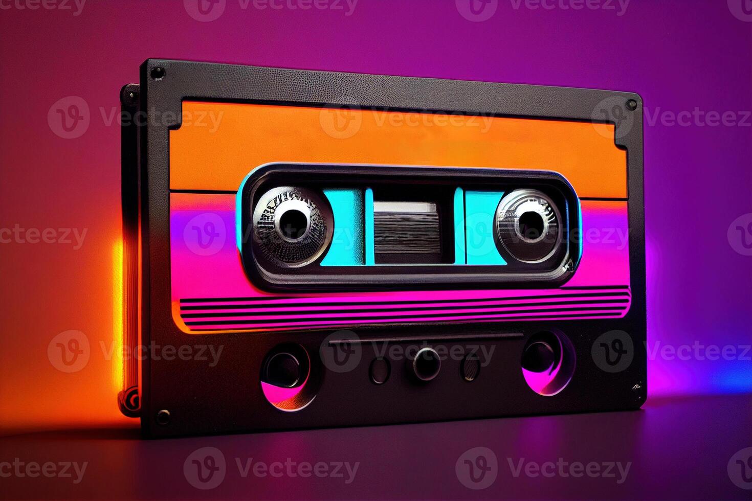 Retro Vintage audio cassette on a neon colored background. music from the 80s and 90s. . Digital Art Illustration photo