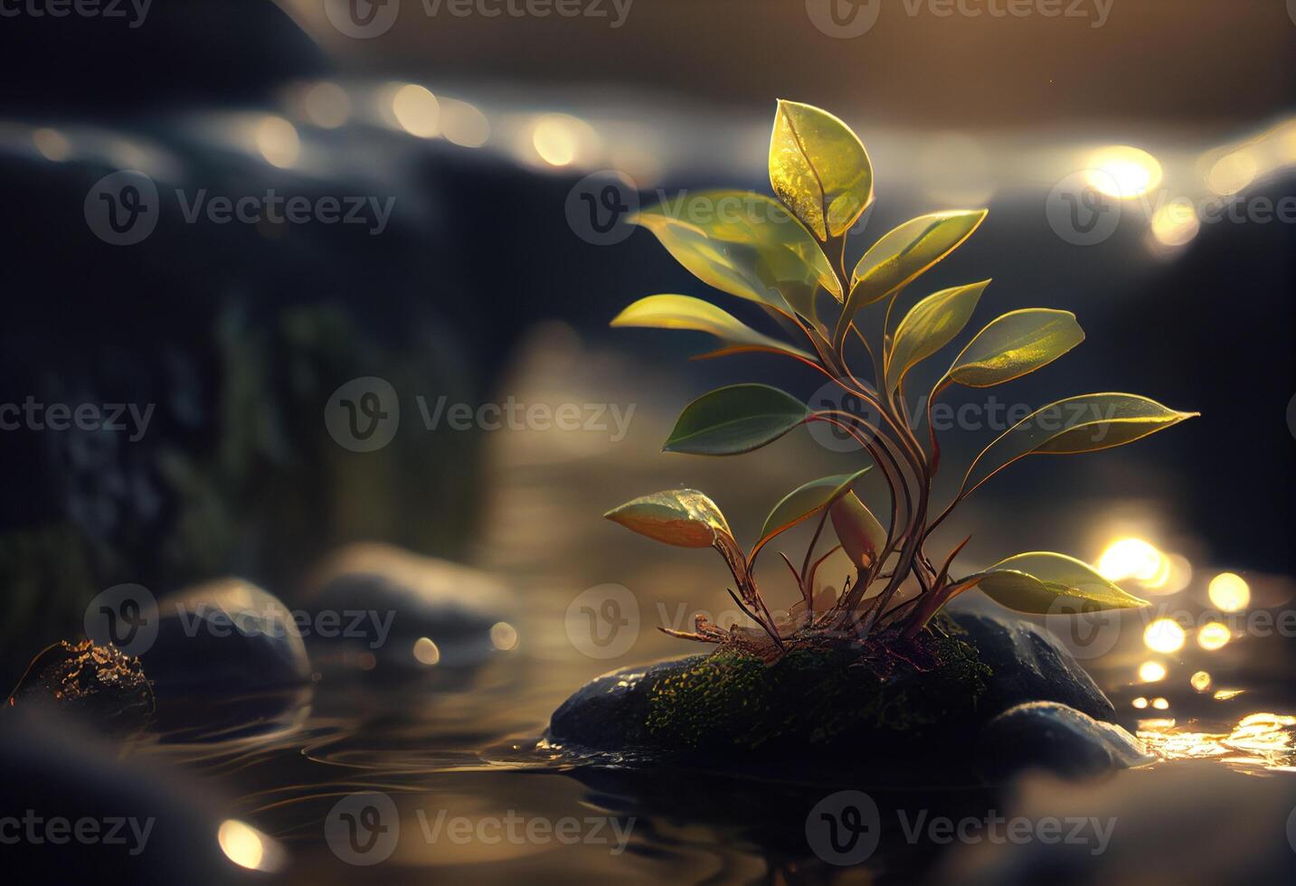 close up of a plant on a rock in the water. . Digital Art Illustration photo