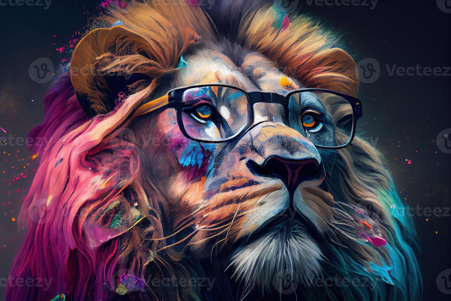 Lion with glasses, a photorealistic painting. . Digital Art Illustration photo