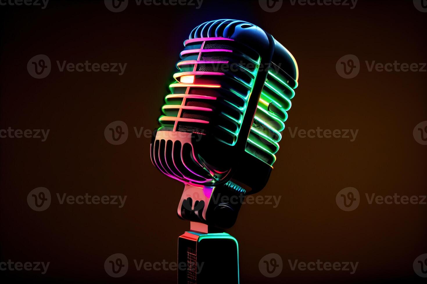 Microphone neon light on black background. podcasting, singing, and recording. . Digital Art Illustration photo