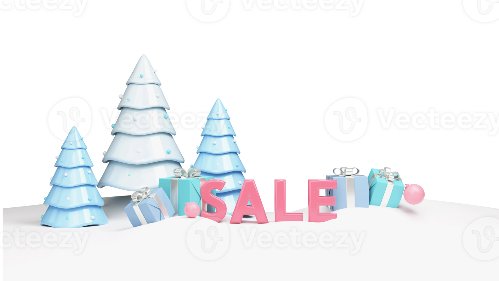3D Render, Sale Text, Gift Boxes, Baubles And Xmas Trees. png