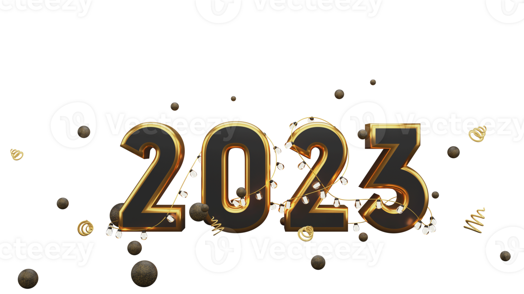 Golden 2023 Text with Christmas Balls on PNG Background.