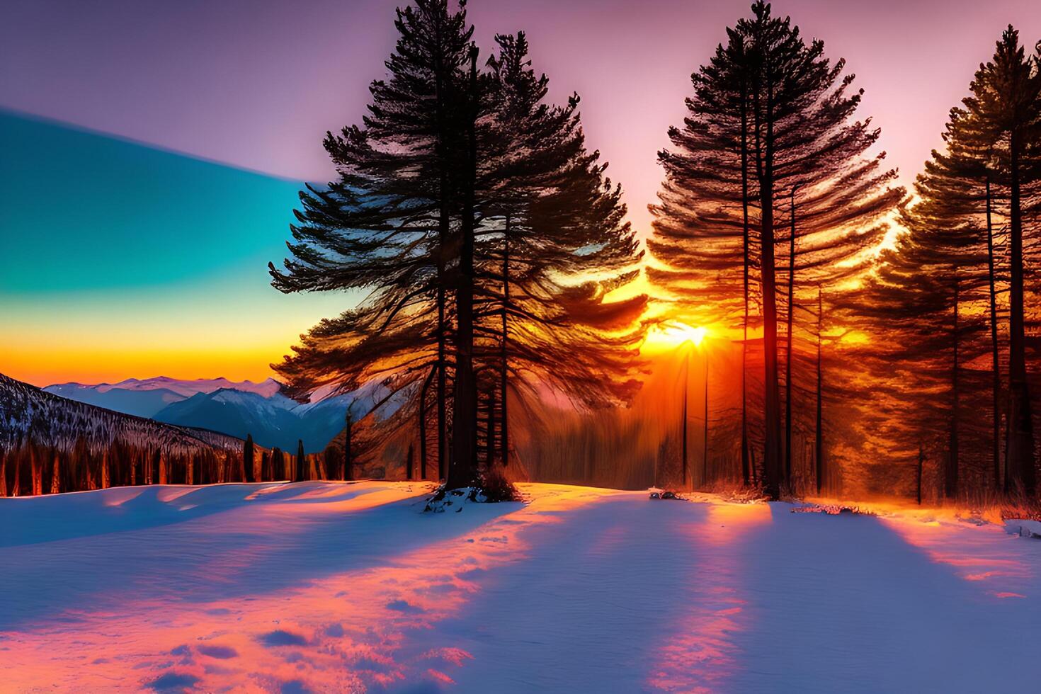 A sunset in the mountains with a tree in the foreground background photo