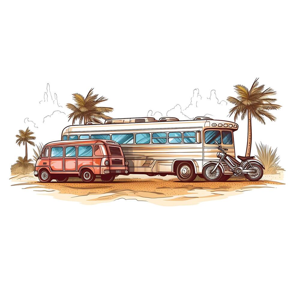 Van drawing with palm trees on a white background photo